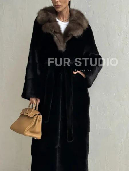 Черная норковая шуба - воротник куница - фото 2