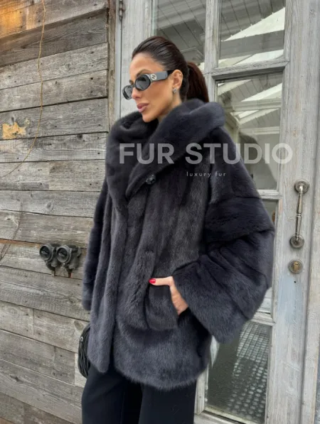 Шуба норковая с капюшоном - цвет графит - фото 3