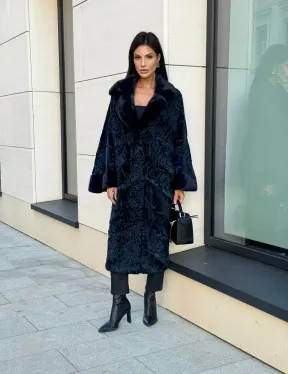 Шуба из каракуля Indigo Blue с отделкой из меха норки, фасон кокон - фото 9