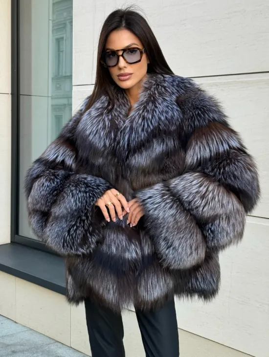 Шуба из чернобурки в натурально-бронзовом цвете, английский воротник - фото 0