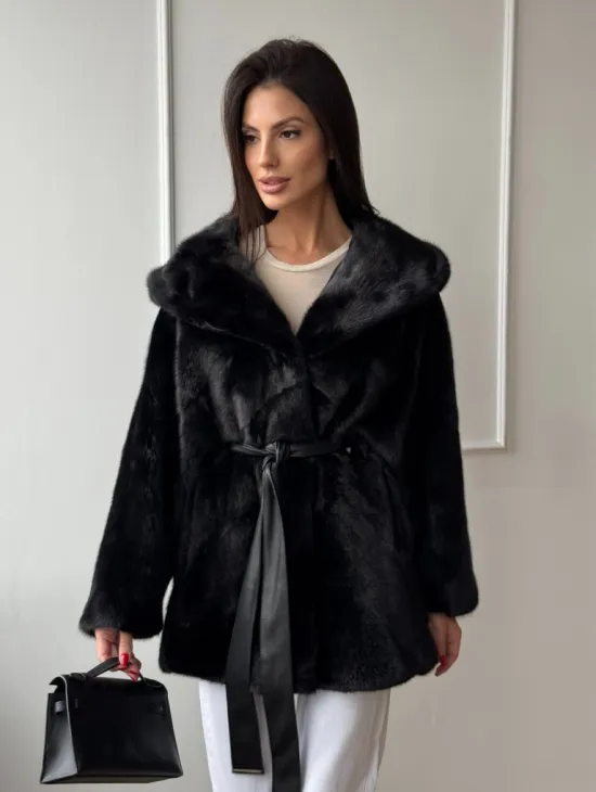 Летучая мышь шуба из меха норки Black с капюшоном - паркет - фото 6