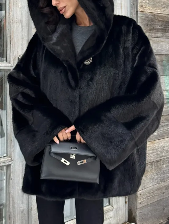 Черная зимняя шуба из меха норки Nafa mink с капюшоном - автоледи - фото 1