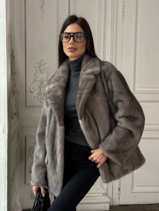 Норковый жакет классического кроя с прорезными карманами клапанами - фото 10