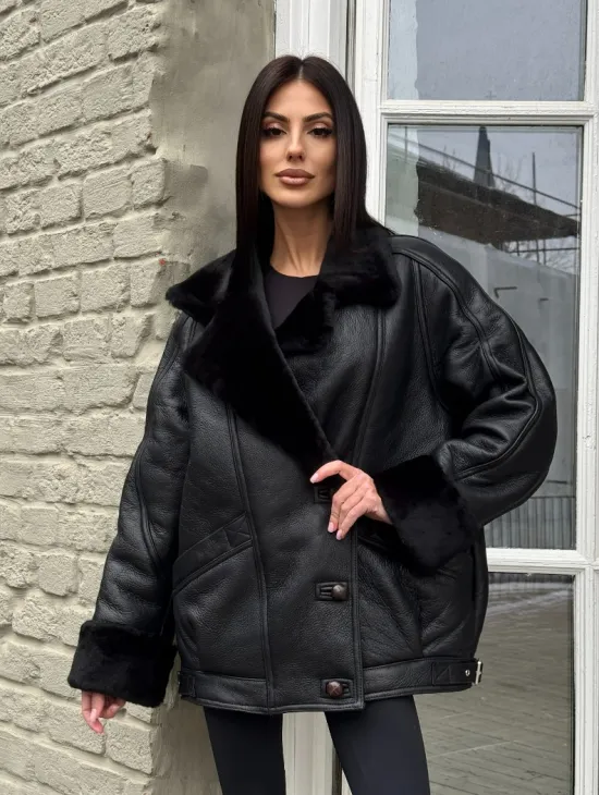 Винтажная куртка - дубленка «Total Black» с английским воротником на пуговицах - фото 7