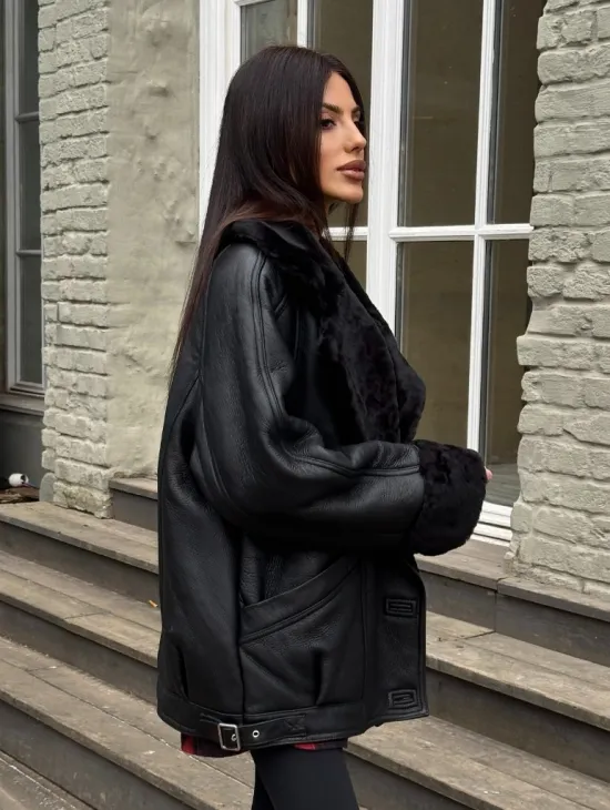 Винтажная куртка - дубленка «Total Black» с английским воротником на пуговицах - фото 4