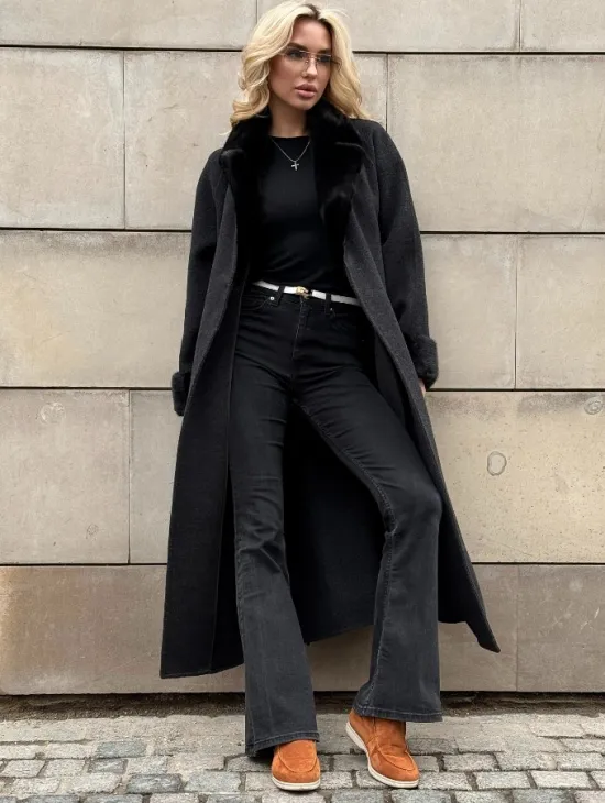 Женское демисезонное шерстяное пальто-халат с отделкой из меха норки - фото 7