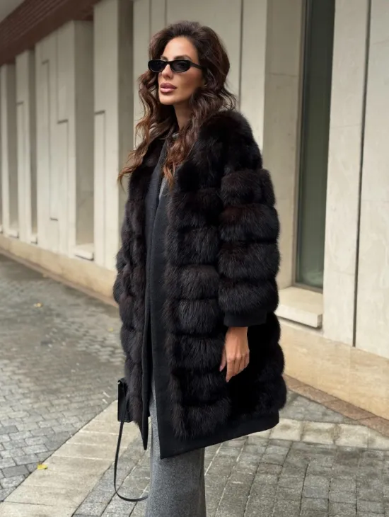 Пальто из куницы с отделкой кашемира - фото 0