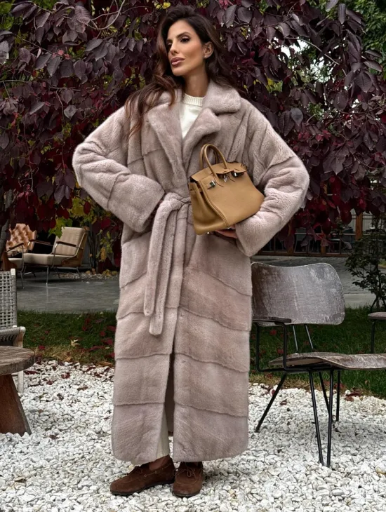 Длинная норковая шуба с поясом - фото 6