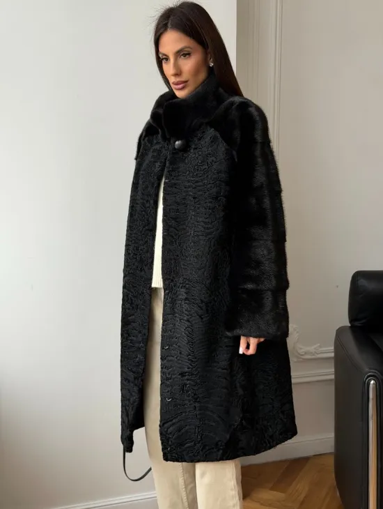 Шуба из каракуля с норкой - стойка воротник - фото 7