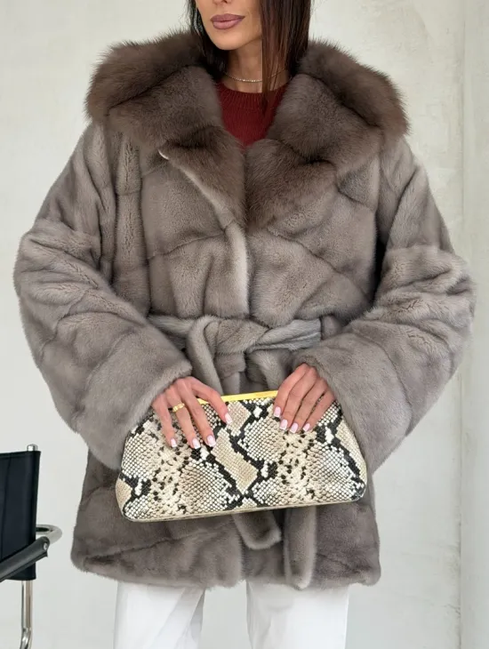 Серый норковый полушубок - капюшон куница - фото 2