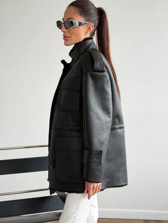 Черная куртка - дубленка из испанского мериноса - фото 4