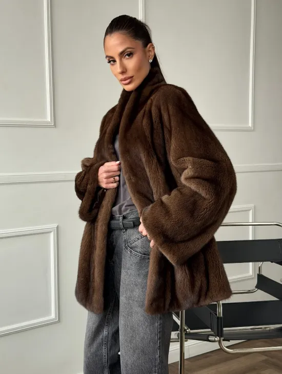 Норка жакет орех V-образный ворот - фото 7