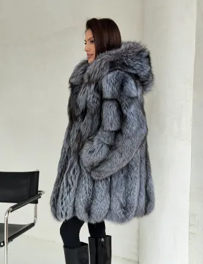 Шуба из натурального меха чернобурки с капюшоном - фото 10