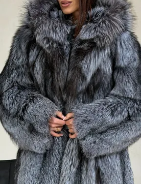 Шуба из натурального меха чернобурки с капюшоном - фото 1