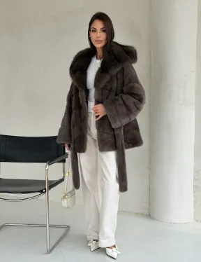 Меховой норковый полушубок с капюшоном куница - фото 8