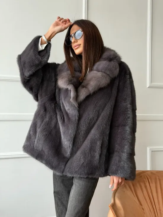 Автоледи норковая с воротником куницы - графит - фото 11