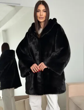 Норка шуба BLACKGLAMA паркет кимоно с капюшоном - фото 5