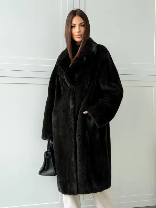 Темная норковая шуба в росшив - английский воротник 