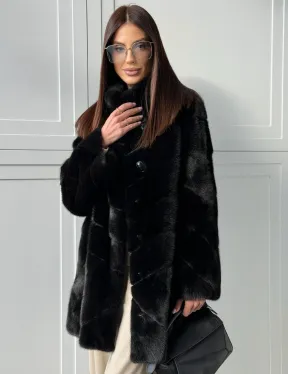 Черная норковая шуба - стойка воротник - фото 7