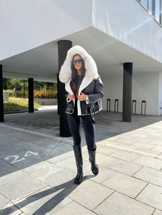 Дублёнка - косуха из натуральной кожи CROCO с капюшоном из финского песца - фото 4