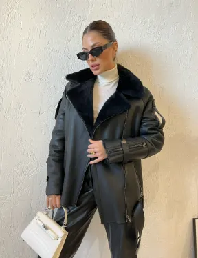 Дубленка авиатор в черном цвете из натуральной овчины - фото 0