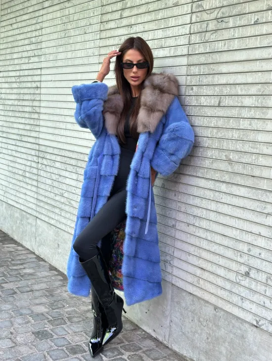 Шуба норковая с капюшоном из меха куницы - цвет голубой сапфир - фото 5