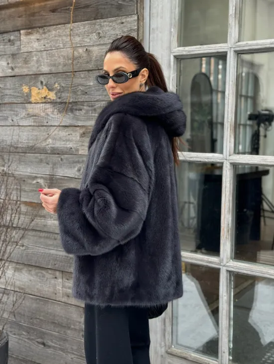 Шуба норковая с капюшоном - цвет графит - фото 6