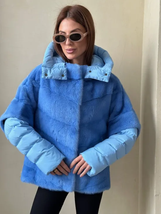 Норковый пуховик/жилет 2в1 - цвет голубой - фото 1