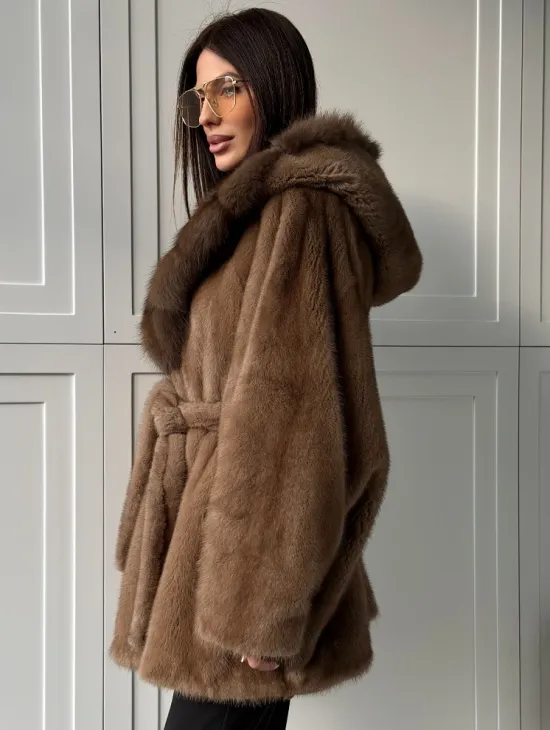 Норка NAFA пошив роспуск пастель с капюшоном куница -летучая мышь - фото 5